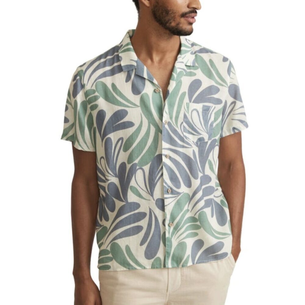 Marine Layer Resort Linen Blend Camp Shirt, Cool Abstract Floral Blue/Green, M